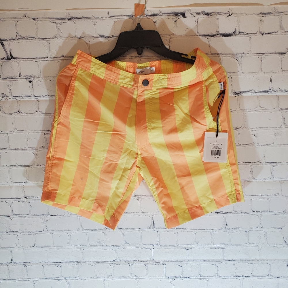 NWT Men’s Onia Calder Swim Trunks 7.5E Macro Strip